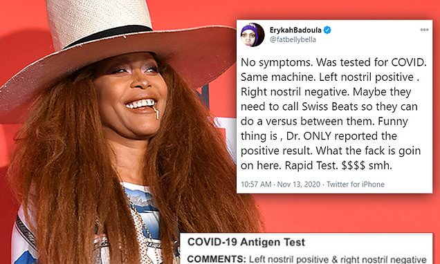 Erykah Badu tests positive for COVID-19 in left nostril and negative on her right side – Daily Mail