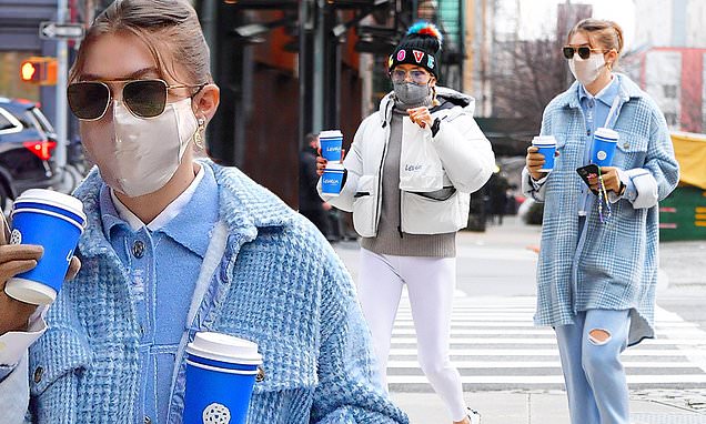 Gigi Hadid wears a blue houndstooth coat as she and her mother Yolanda pick up coffee in Manhattan – Daily Mail