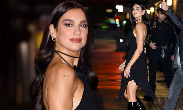 Dua Lipa flaunts her incredible figure in a black halterneck mini dress on The Late Show – Daily Mail